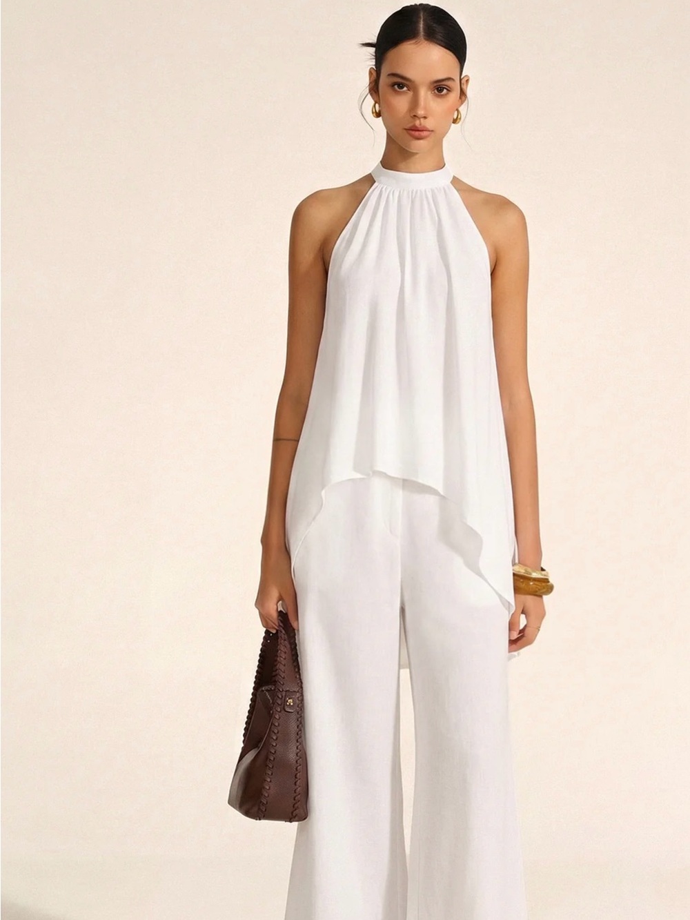 Commense Asymmetric Hem Top & Pant Set - White - Large